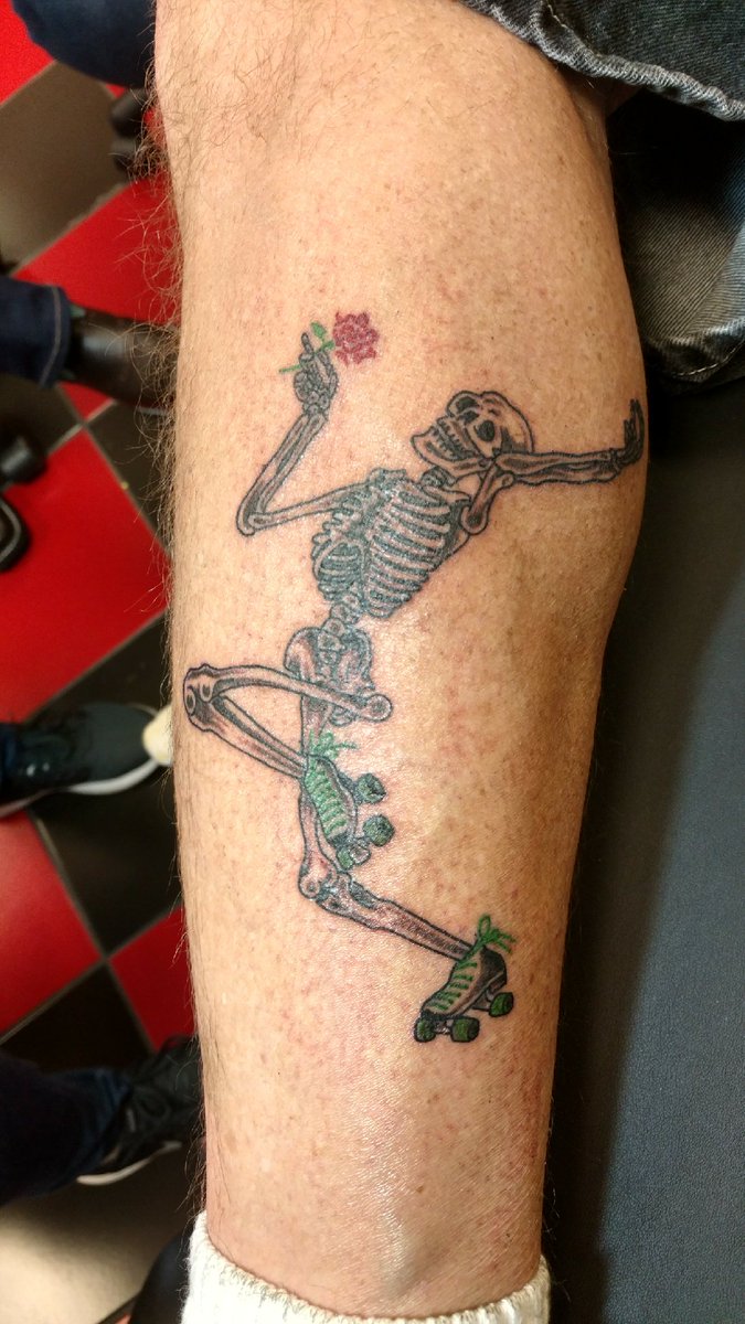 Zak LeMay showing some love with his new tattoo of the RollerBones dancing skeleton.  Nice work by the artist... very nice.