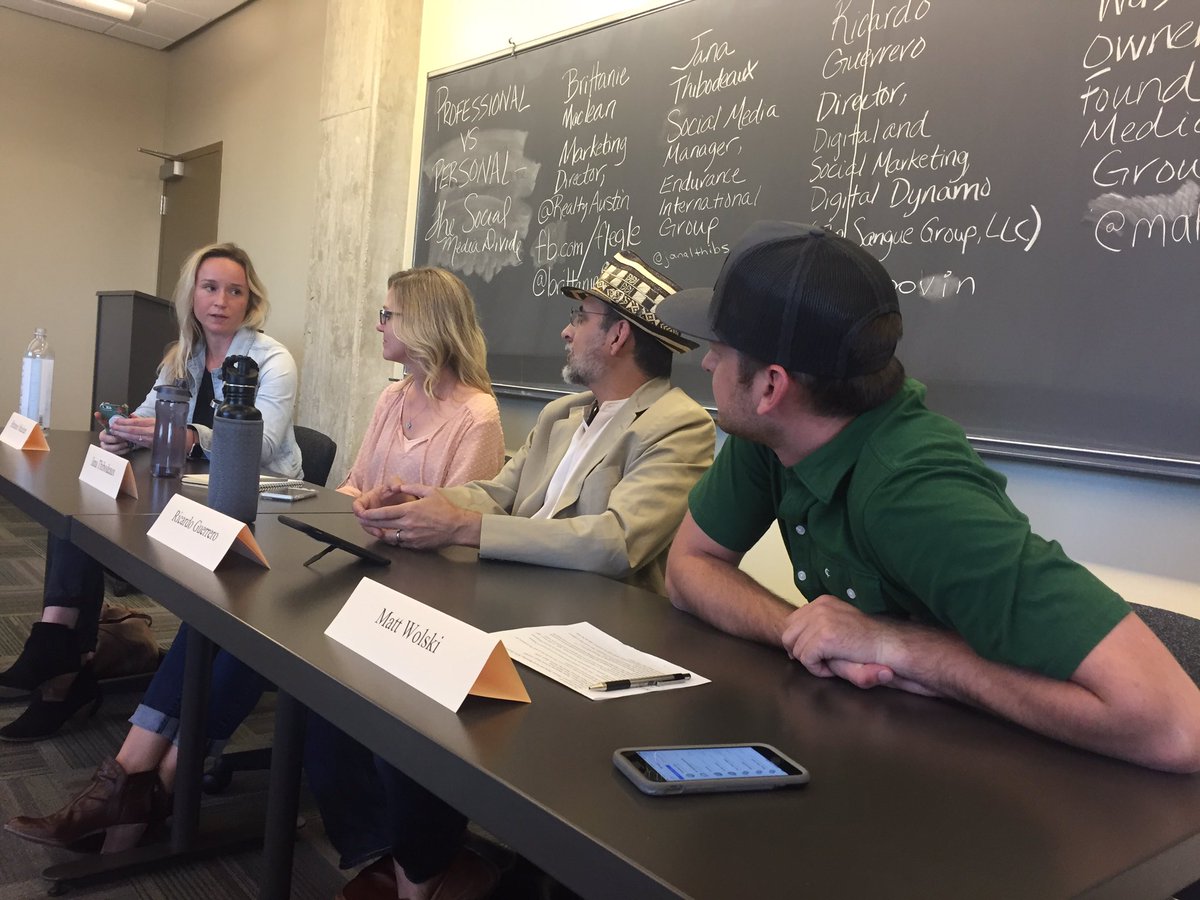 Professional vs Personal::The Social Media Divide. Panel tonight @stedwardsu <a href="/brittanieflegle/">Brittanie Flegle</a> <a href="/mattwolski/">Matt Wolski</a> <a href="/ggroovin/">Ricardo Guerrero</a> <a href="/JanaLThibs/">Jana Thibodeaux</a> #socmed4biz