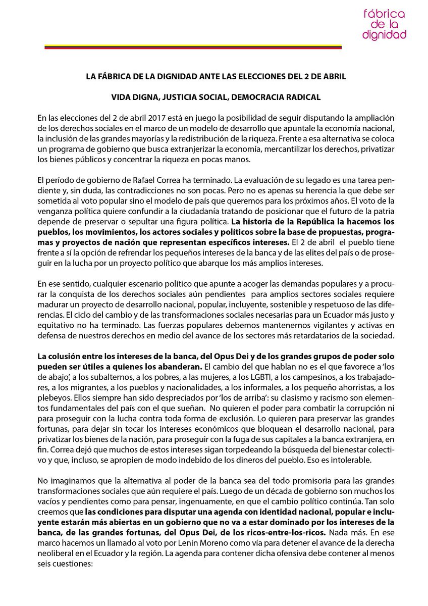 FabricaDignidad's tweet photo. Revisa el Manifiesto #FábricaDeLaDignidad2A sobre lo que está en juego en estás elecciones. https://t.co/M8HDzbs95w