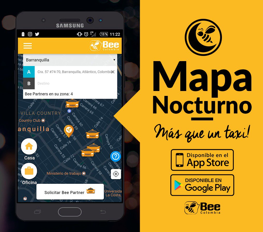 BeeColombia's tweet photo. Te ayudamos a visualizar mejor nuestro mapa en horario nocturno. Innovamos para ti. Bee Colombia, #MasQueUnTaxi. https://t.co/9n68VxIygT