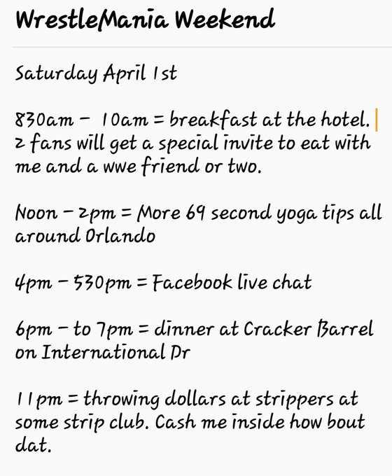 Here's the rest of my schedule for #WrestleMania weekend. Now you can stalk me around Orlando... https://t<a href="/tag/wrestlemania"class="tags">#WrestleMania</a>