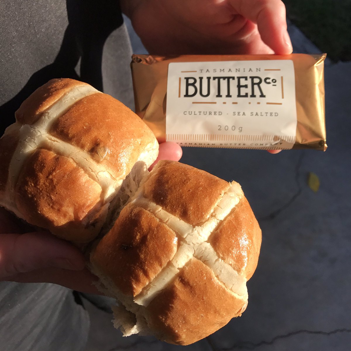 Stop by our stall this weekend with a hot crossed bun from @HarvestLst or @TasFarmGate farmgatemarket and we'll butter it for you.