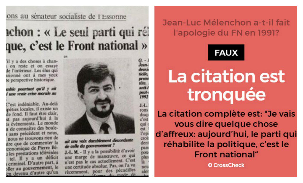 CrossCheckFR's tweet photo. Non, interviewé en 1991 par le Quotidien de Paris, @JLMelenchon ne faisait pas l'apologie du #FN - #fakenews - https://t.co/oppovm6rXW https://t.co/wdJoPHQR3H
