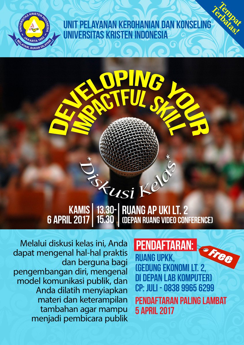 Who knows, kamu punya bakat jadi pembicara publik yang handal.
Daftar sekarang juga ! Acara ini terbuka untuk umum dan TERBATAS !!
