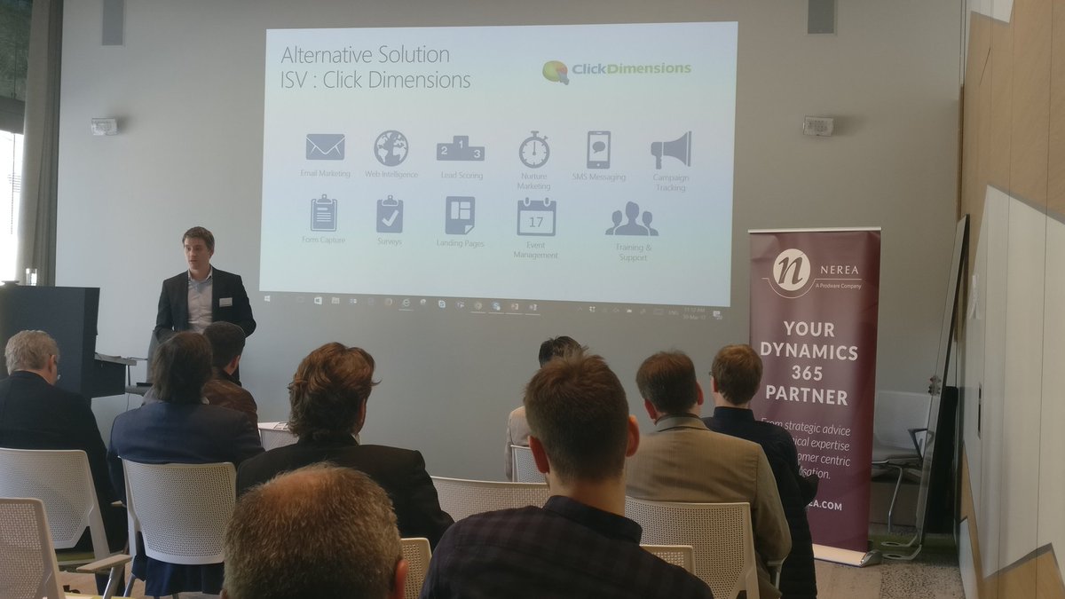 NereaConsulting's tweet photo. @JulienHugo presenting the benefits of our partner @ClickDimensions for your Marketing Team during our #MSDYN365 event. #NereaDyn365 https://t.co/GrmKMMDHRz