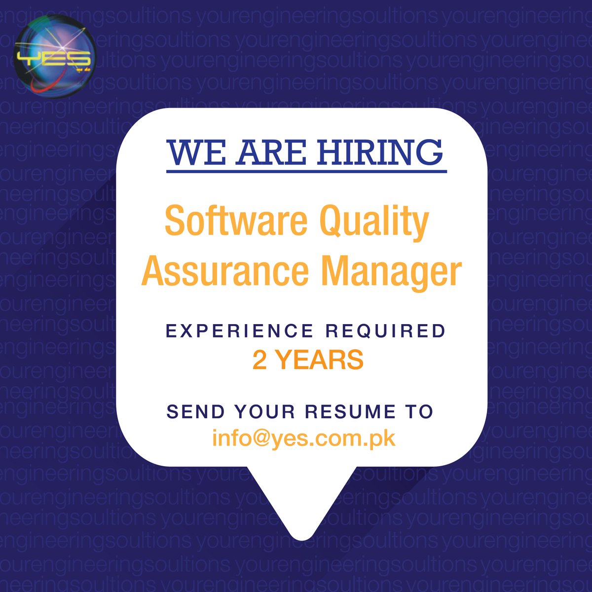 YESolutions3's tweet photo. #WEAREHIRING! 
Software Quality Assurance Manager 
Send your resume at info@yes.com.pk 
#Pakistan #Job #Career #Employment #Growth #ApplyNow https://t.co/YNKQzt9q7G