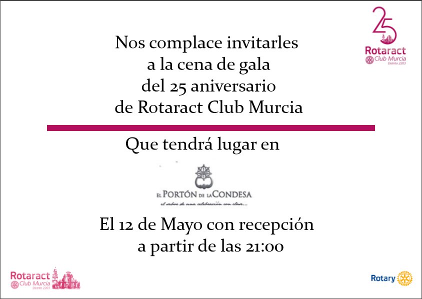 RotaractMurcia's tweet photo. Nos queda muy poco para celebrar con todos vosotros nuestra #Cena25Aniversario #RotaractMurcia 12 de Mayo os esperamos #Murcia #Rotaract https://t.co/iYlRwZ5mnf