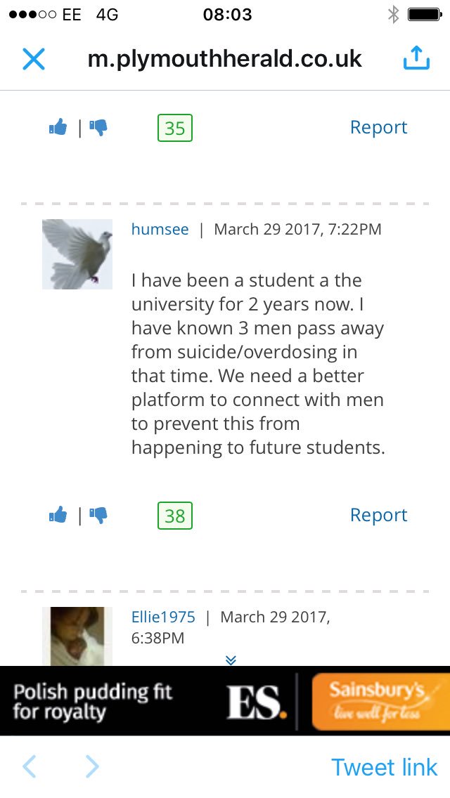 MartinDaubney's tweet photo. One @PlymUni student alone knows of three male suicides on its campus, and calls for much-needed men's forum @MBCoalition @insideMANmag https://t.co/a0lnjEm8sY