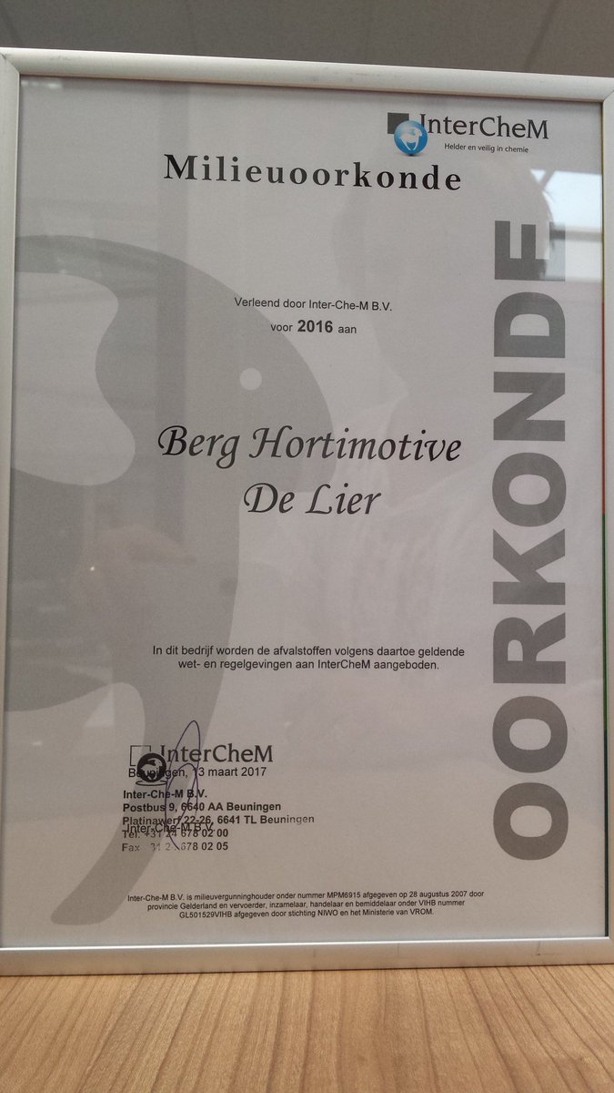 BergHortimotive's tweet photo. Milieuoorkonde ontvangen van #InterChem, voor het milieu bewust afvoeren van afvalstoffen. https://t.co/F3FhJUNefJ
