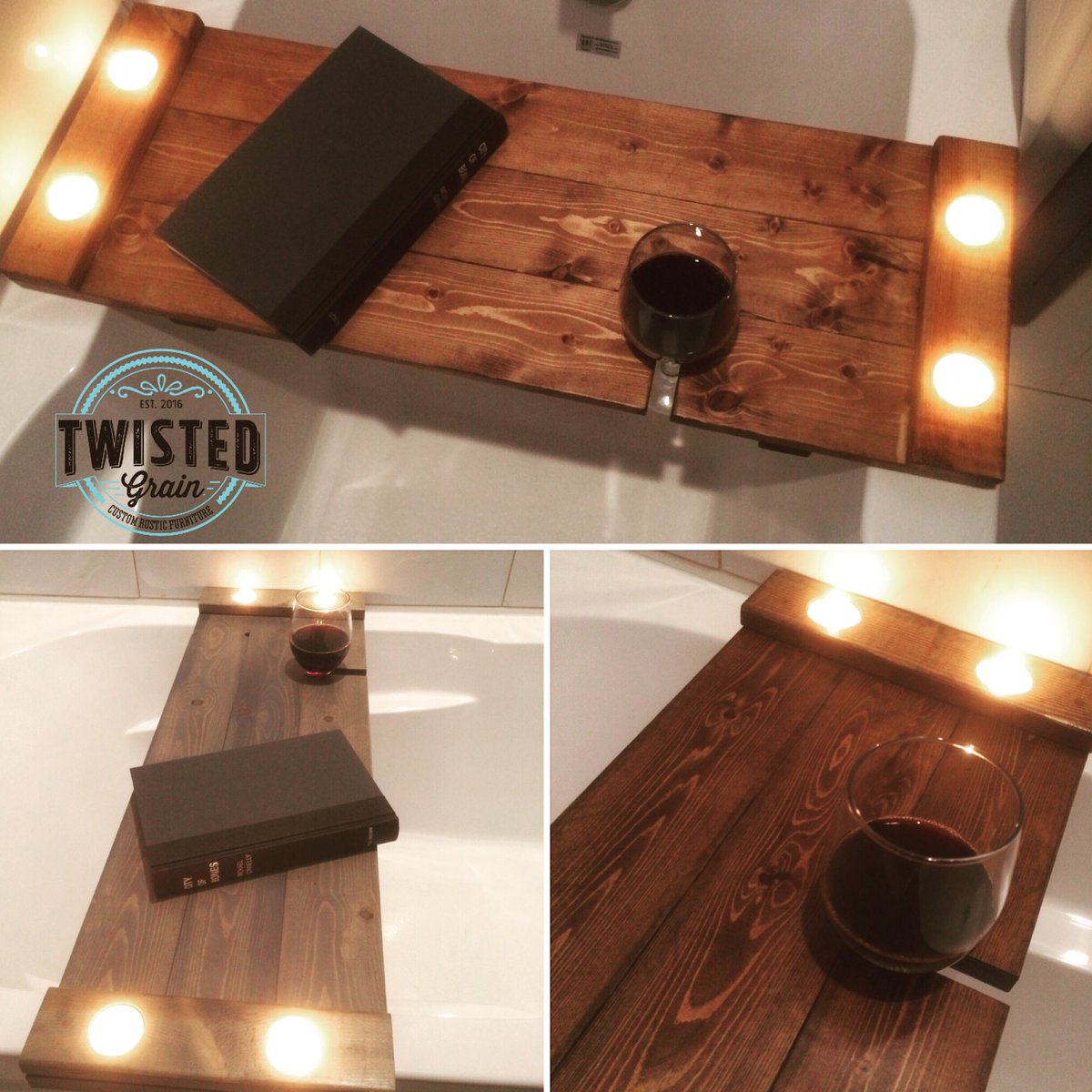 thetwistedgrain's tweet photo. Bath trays in 3 different stains. English Chestnut on top, Classic grey in bottom left and Espresso in bottom right #bathtray #relax https://t.co/topMkGvWAZ