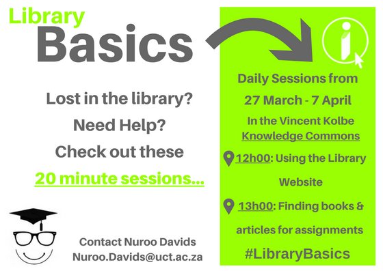 UCTLibrary's tweet image. 1st years & new students join us for our daily 20 min library basics sessions in Vincent Kolbe Knowledge Commons 12:00 &13:00 #librarybasics