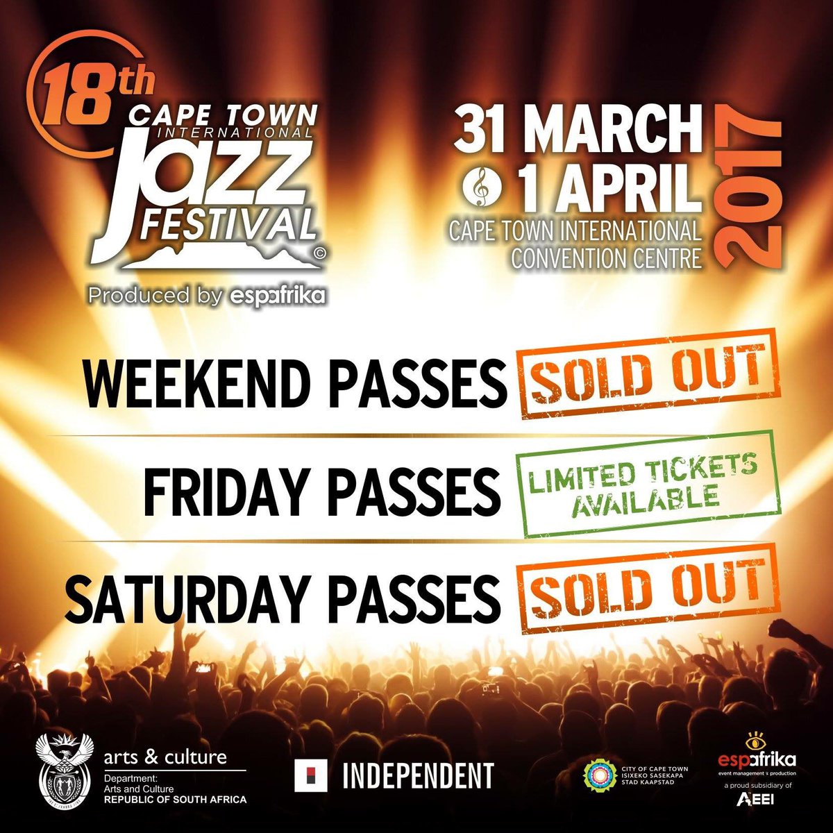 NathiMthethwaSA's tweet photo. The 18th annual Cape Town International Jazz Festival proudly supported by @ArtsCultureSA commences on 31 MarchΒ 2017 at the Cape Town ICC. https://t.co/zHTBRqTxfj