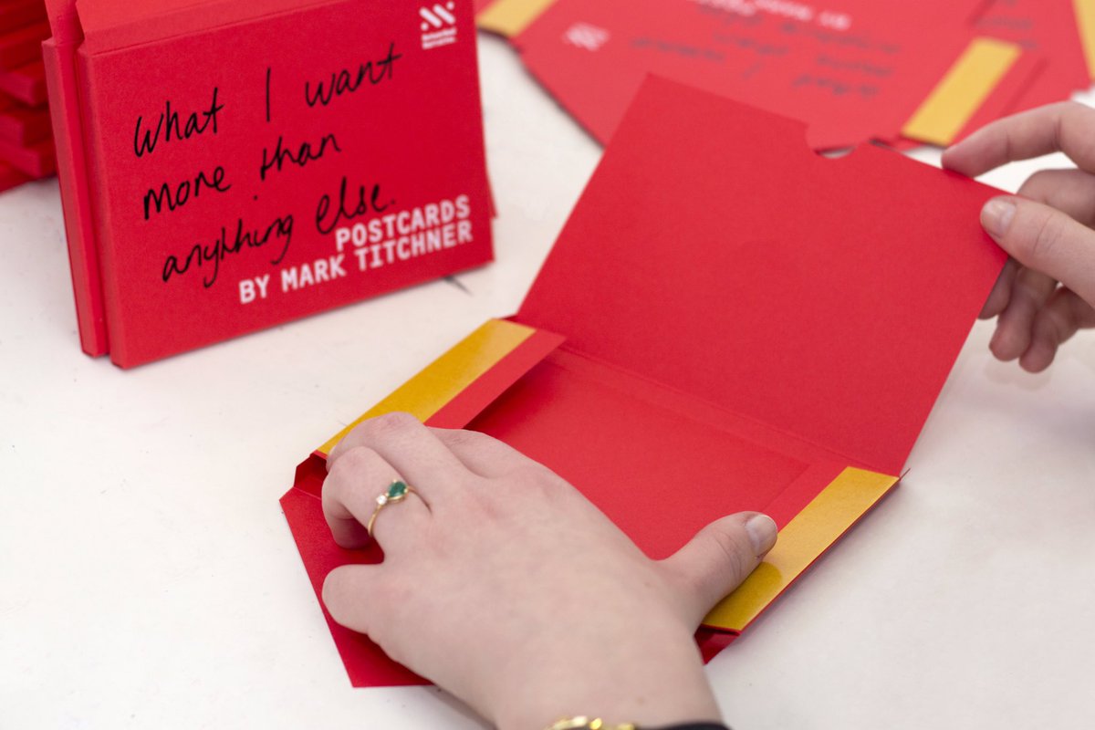 JotPaperCo's tweet photo. #behindthescenes → Packaging we produced for postcards of #MarkTitchner's 'What I want more than anything else' using #Colorplan Bright Red https://t.co/l2YGmr6ESE