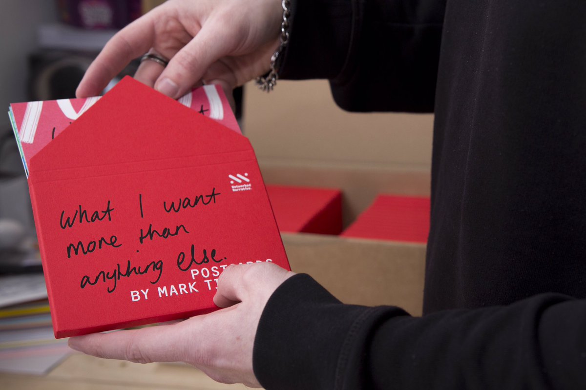 JotPaperCo's tweet photo. #behindthescenes → Packaging we produced for postcards of #MarkTitchner's 'What I want more than anything else' using #Colorplan Bright Red https://t.co/l2YGmr6ESE