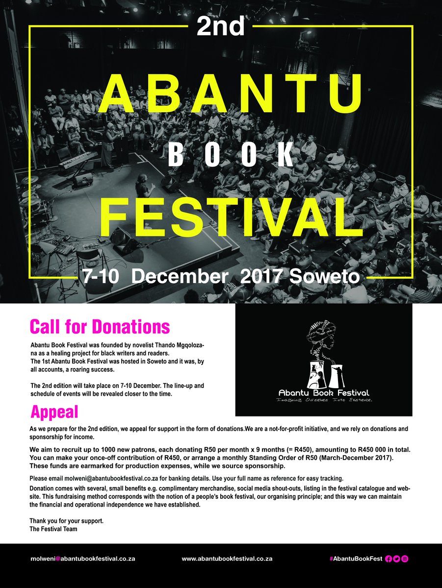 Call for DONATIONS: In preparation for the 2nd edition, #AbantuBookFest appeals for your support in the form of donations -->