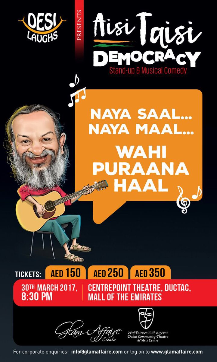 desilaughsdubai's tweet photo. TODAY !! @AisiTaisiDemo with comedy music &amp; banter on Democracy ,Tickets available at https://t.co/jptfYoY5fP &amp; @DUCTAC 
@GlamAffaire https://t.co/cZTKx5Eb1B