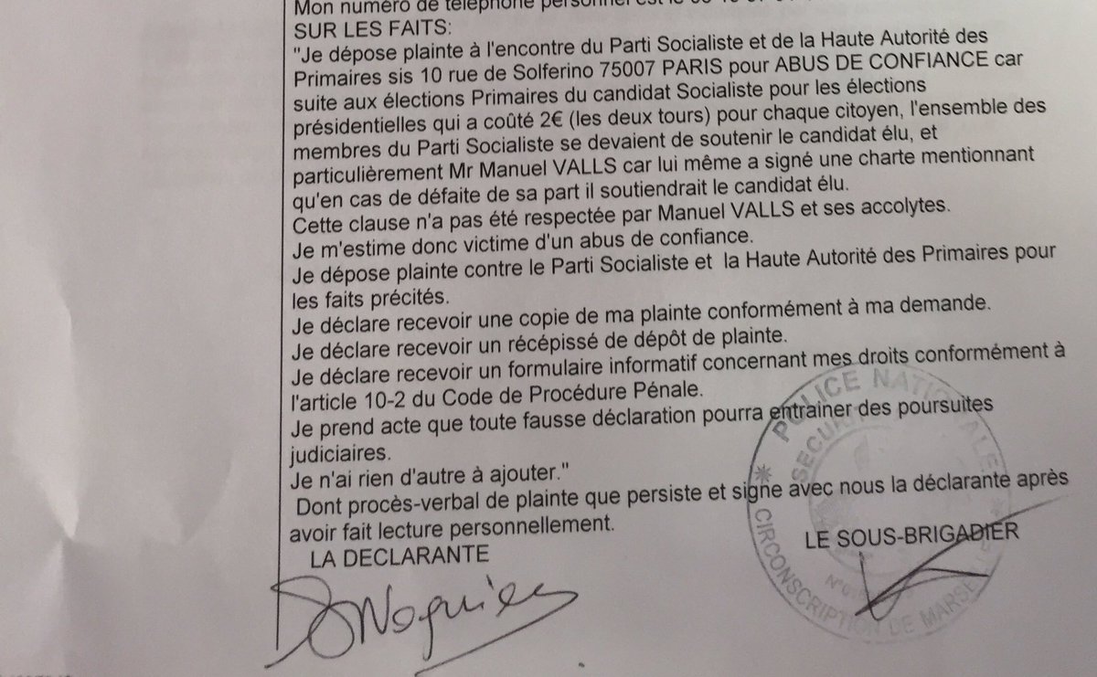 LesNews's tweet photo. Après la trahison de Valls, une militante porte plainte contre “abus de confiance” contre le PS et demande le remboursement de ses 2€ https://t.co/y2Fe7Gfcp1