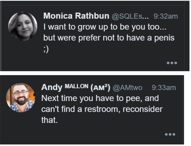 SQLEspresso's tweet photo. @BrentO @anotarian @AMtwo Exactly why I love Andy :) #sideconversations https://t.co/29k9UNKN9v
