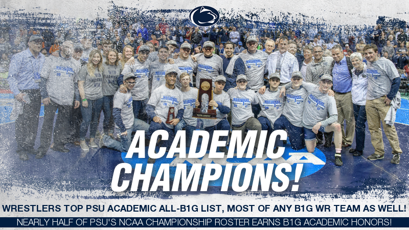 PennStateWREST's tweet photo. Academic Champs! Wrestlers top PSU in Winter Acad All-B1G; most of any B1G WR team! Half of roster honored! https://t.co/E2ap82HzkR #PSUwr https://t.co/q2fVKLsIKo