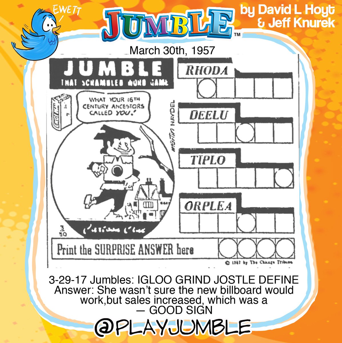PlayJumble's tweet photo. Eisenhower was U.S. president and this was the Jumble he solved. (We assume he loved the Jumble. Why wouldn’t he?) #Jumble #JumblePuzzle https://t.co/cbF8IhE3Cr