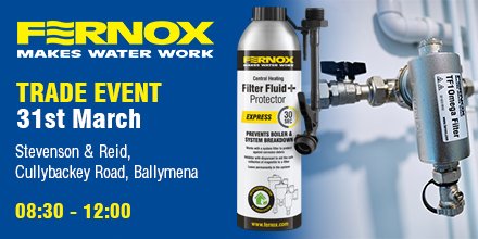 Fernox's tweet photo. @FernoxRichardT is hosting a trade event tomorrow at Stevenson & Reid in #Ballymena
#watertreatment #tf1omegafilter #productdemo https://t.co/QQt9Z3YoiL
