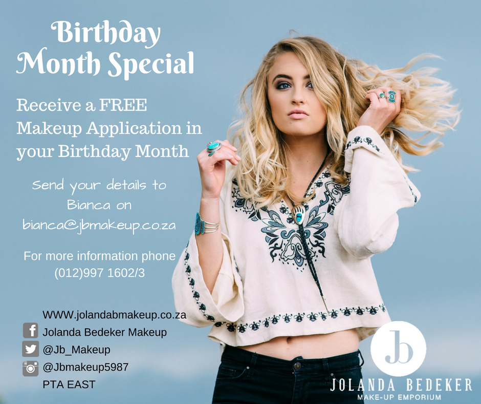 JBMake_up's tweet photo. FREE Makeup Application in your Birthday Month!
Send your details to bianca@jbmakeup.co.za
#free
#jbmakeup
#bdaymonth https://t.co/8WbFk2MW6C