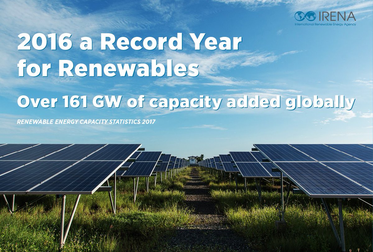 IRENA's tweet image. 2016 was a record year for renewables. Our latest data shows over 161 GW of new capacity worldwide. irena.org/News/Descripti…