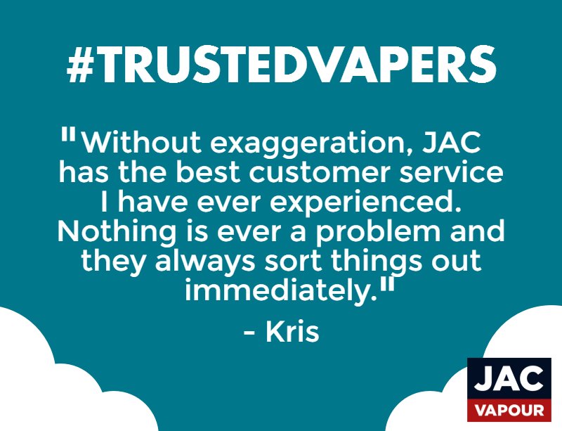 Jacvapour's tweet image. Put your trust in JAC like Kris. Shop with a reputable UK company for top UK Made #eliquids &amp;amp; the best #ecig hardware around #trustedvapers