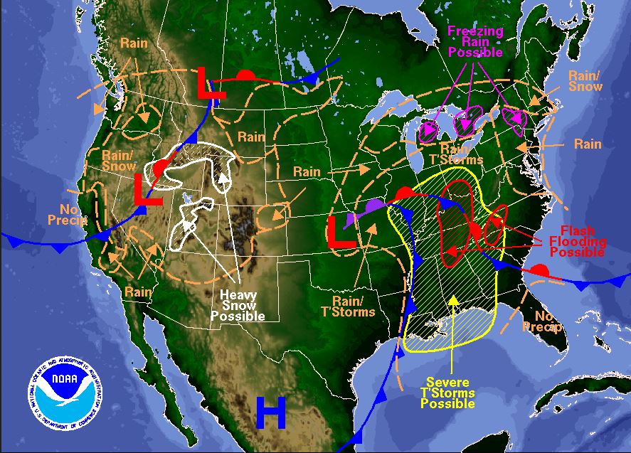 Severe weather possible across Ohio Valley & into the Gulf. Snow for