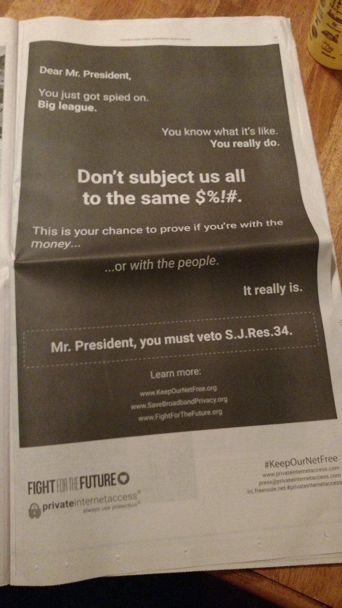 allistelling's tweet photo. Full page ad in yesterday's @nytimes. Apparently deciding to validate, or pretend to, Trump's spying claim. #keepournetfree https://t.co/bI2zvx6O5E