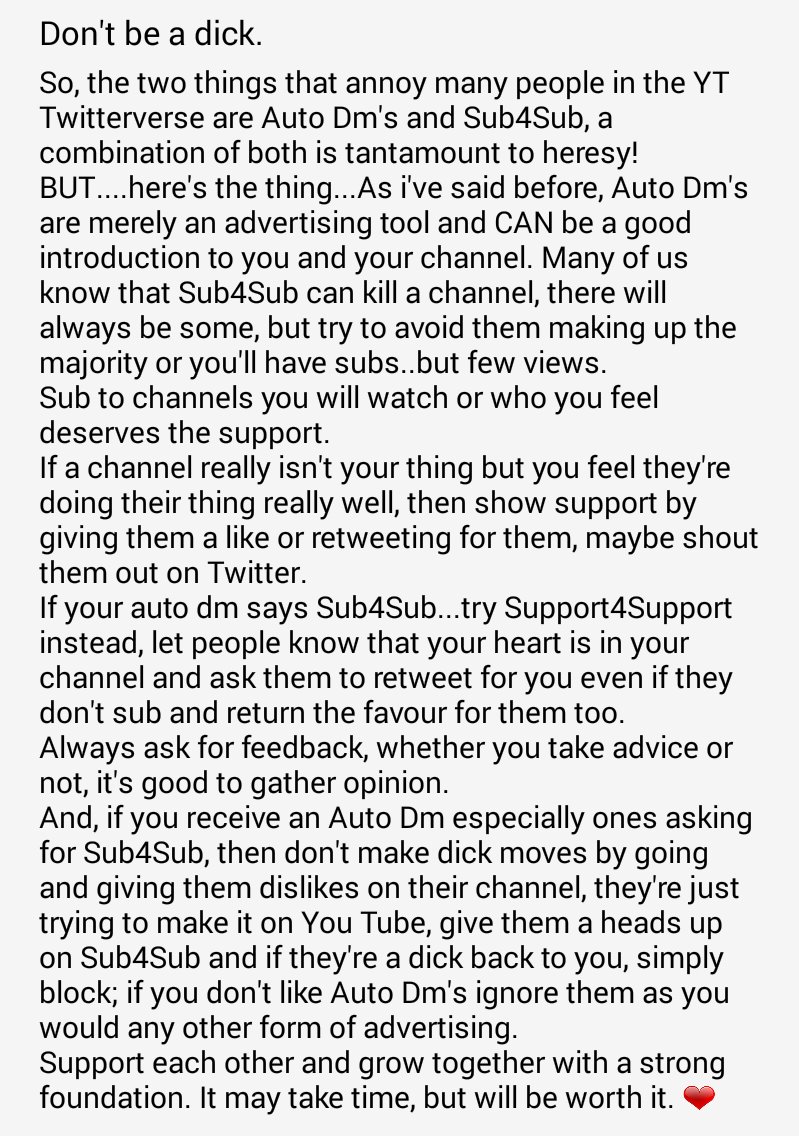 SueBB_71's tweet photo. #Tips4Tubers #Tips4Tubes
Don't be a dick. Auto Dm's and Sub4Sub https://t.co/dY8kJem4M6