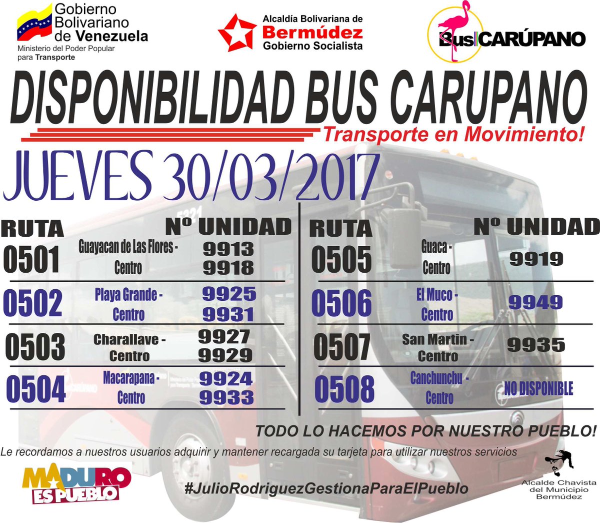 buscarupanofic's tweet photo. Bus Carupano informa a nuestros usuarios y usuarias la disponibilidad de unidades en las rutas urbanas @JulioRPSUV https://t.co/OjZOUOehpA