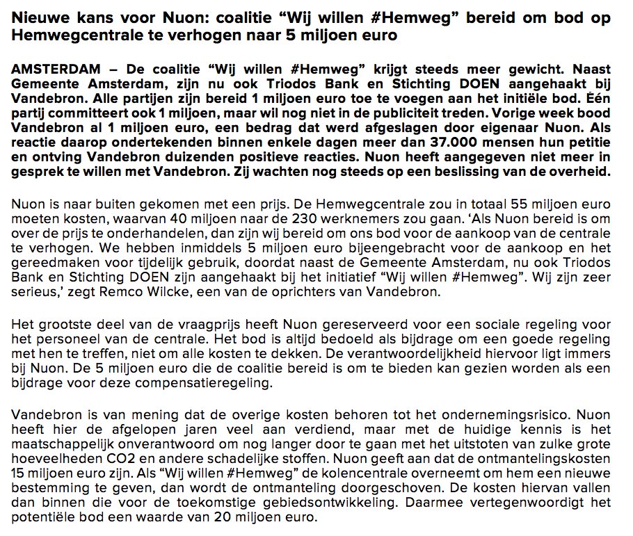 Vandebron's tweet photo. Wij zijn bereid het bod op de #Hemweg te verhogen naar € 5.000.000,-. Lees hieronder het volledige persbericht. https://t.co/9lWkxakK64 https://t.co/HC4Iv8ZPus