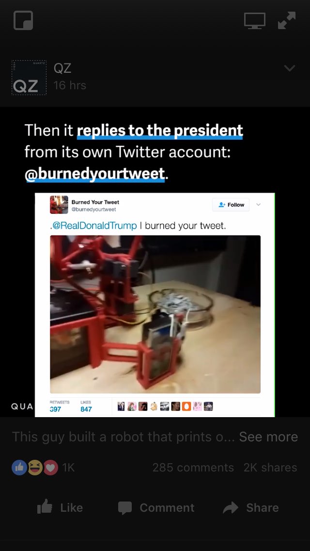 Heard at #connectau about social interactions with robots. This guy built robot that burns Trump tweets &amp; tells him. google.com.au/amp/mashable.c…