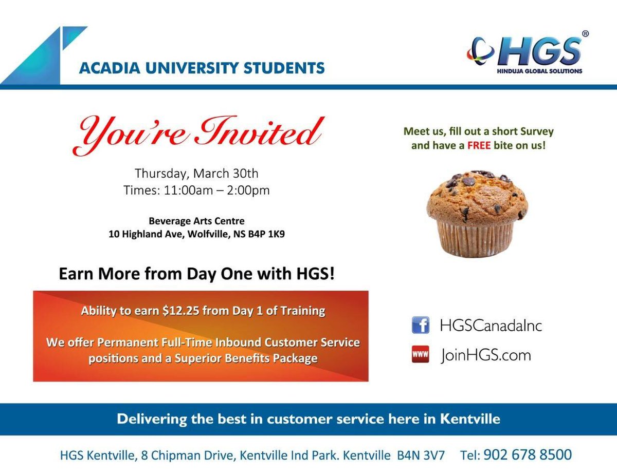 CareersAcadia's tweet photo. Meet and greet today with HGS Canada / HGS Kentville from 11:00am-2:00pm in the BAC. Fill out a survey and grab a bite to eat! https://t.co/ZWDvZTnVEo
