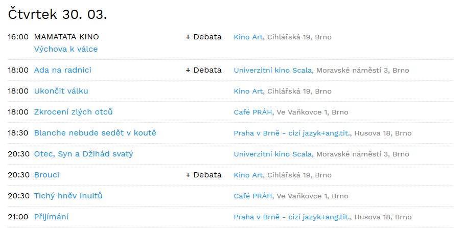 #Jedensvet #Brno, den 4⃣
Dnes <a href="/KinoScalaBrno/">Kino Scala</a>, @KinoArt1, <a href="/prahavbrne/">PRAHA</a> a #Práh
#FARC #brouci #armáda #domácínásilí #Inuk #Alzheimer #Barcelona