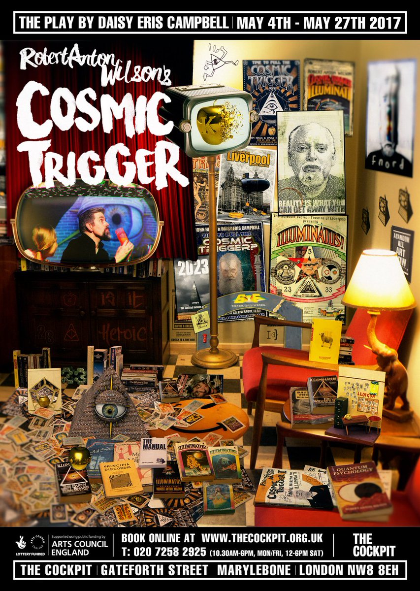 2CosmicTrigger3's tweet image. Thanks to @amoebadesign for this INCREDIBLE poster for the play. What draws YOUR 3rd eye in? &amp;amp; where's the 23p stamp gone? #cosmictrigger
