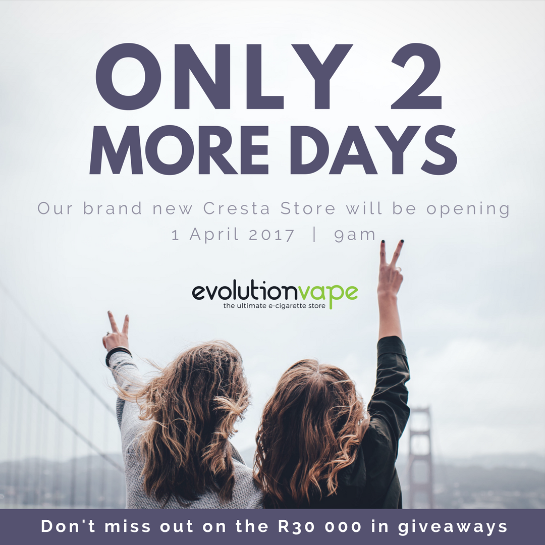 evovape's tweet photo. Only 2 more days to go until the Grand Opening of our Cresta Store. Don't miss out on the R30k in giveaways! #vapesa #evolutionvape #cresta https://t.co/AI5WDiANqT