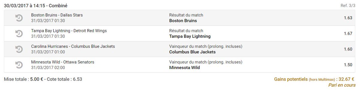 TempestPronos's tweet image. #3 Prono 
Boston Bruins RT - 1.63
Tampa Bay Lightning RT - 1.67
Columbus Blues Jackets OT - 1.60
Minnesota Wild OT - 1.50
Côte : 6.53 👽