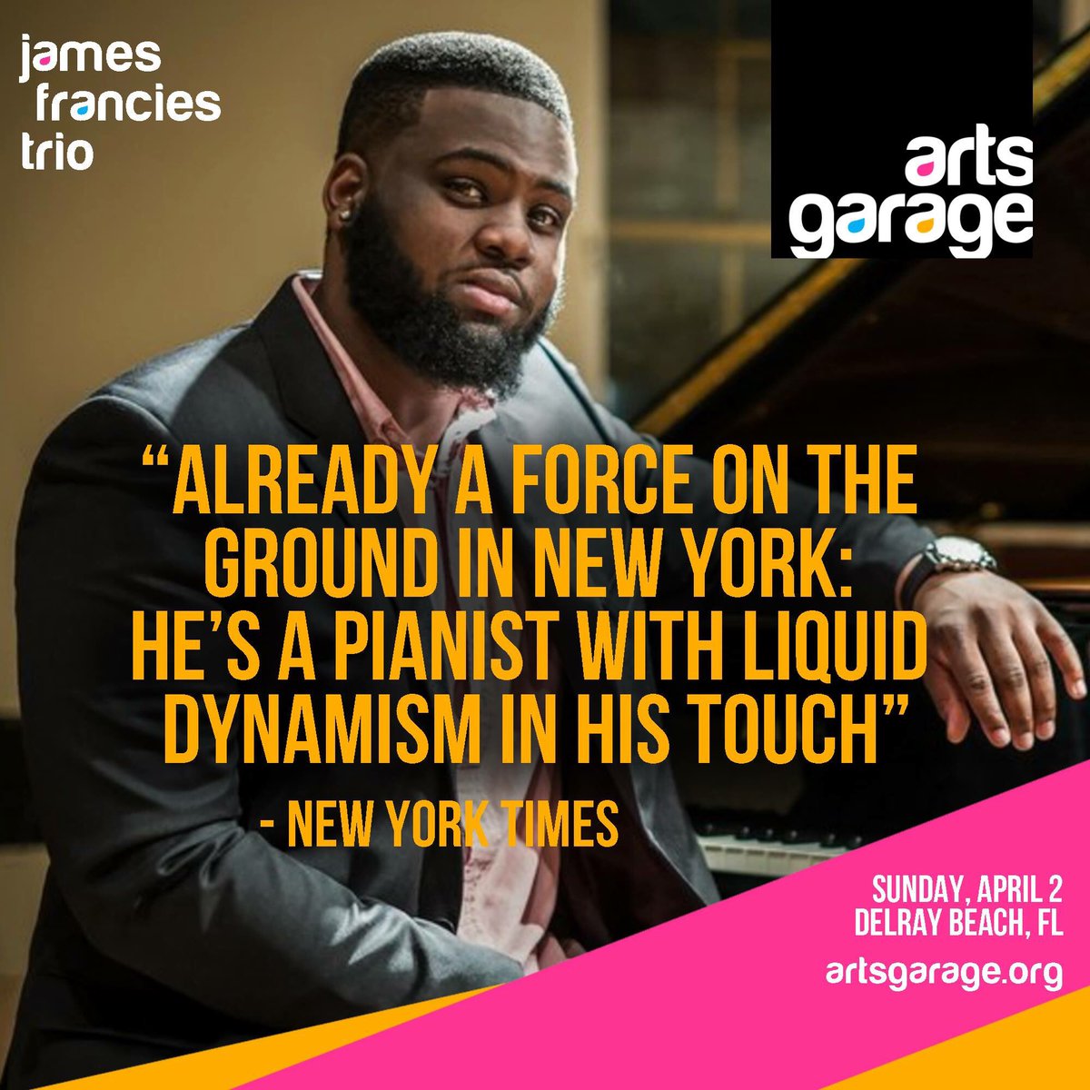 ArtsGarageFL's tweet photo. THIS SUNDAY (4/2) at Arts Garage: The James Francies Trio! #delraybeach #delrayevents
Details and tickets: https://t.co/tElTSqNMdS https://t.co/KJY1oB5ECO