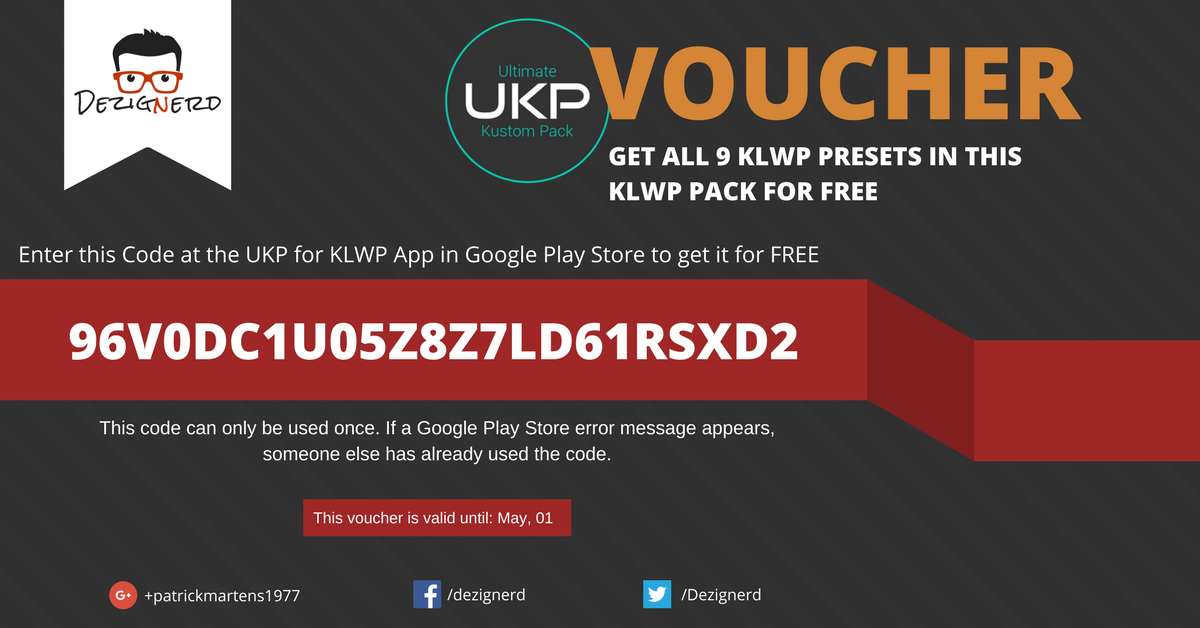 Dezignerd's tweet photo. Day 4 of 5: Get UKP for Kustom for Free. Use this Code:
96V0DC1U05Z8Z7LD61RSXD2
UKP for Kustom: https://t.co/woF70bNKEL
#klwp #android https://t.co/jAuoP4yGRv