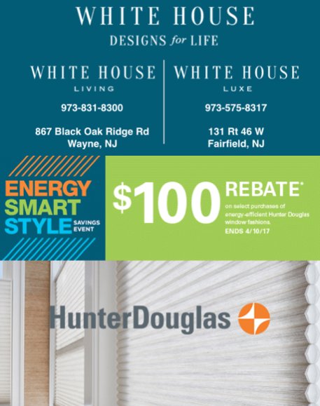 $100 Rebate on Hunter Douglas, Inc. products ends soon! Don't miss out! Visit White House today! #interior #windowfashions 
<a href="/HunterDouglas/">Hunter Douglas</a>