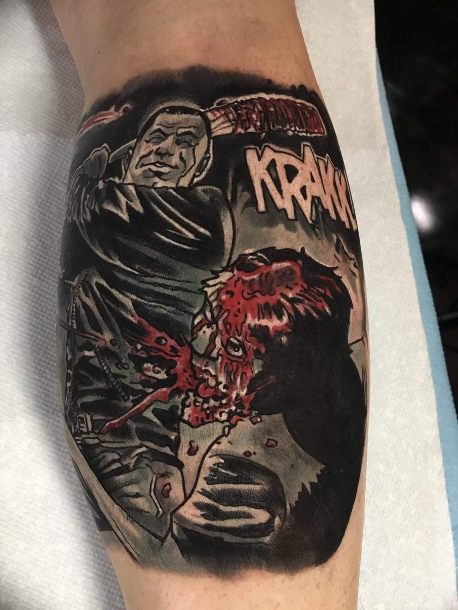 Buzcorpse's tweet photo. #Negan tattoo I did for a #TheWalkingDead #fan #lucille #vampirebat #glenn #walkerstalker #grandslam https://t.co/llUBiIvd9s