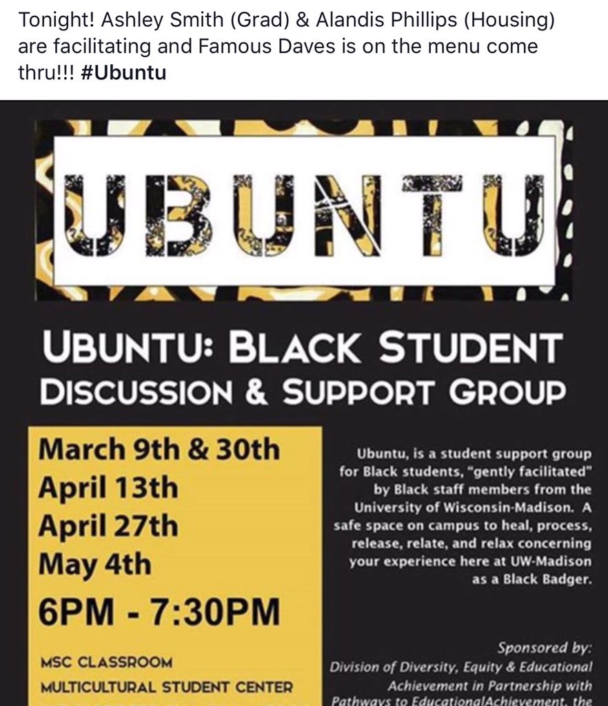 Pathways_AA's tweet image. Tonight! Ashley Smith (Grad) &amp;amp; Alandis Phillips (Housing) are facilitating and Famous Daves is on the menu come thru!!! #Ubuntu
