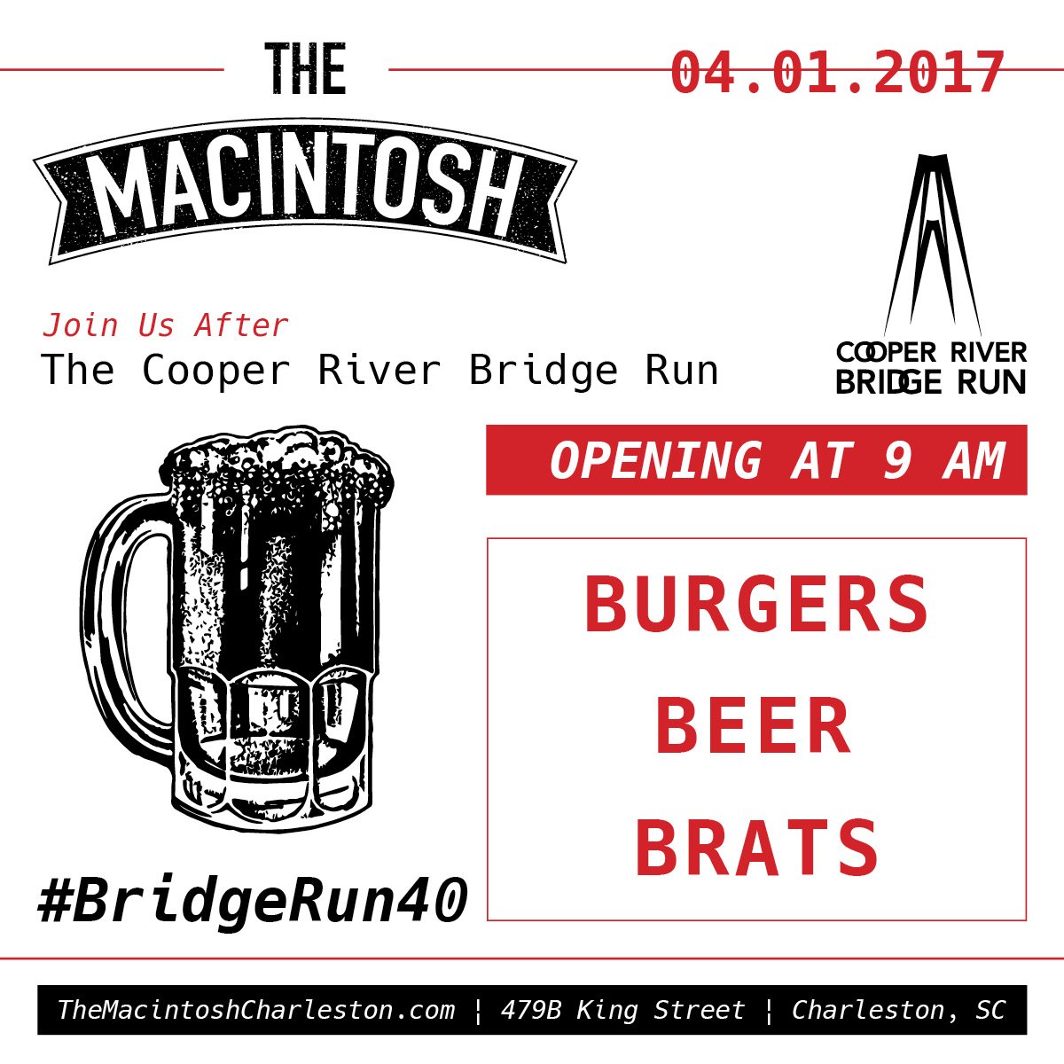 This is no joke, we'll be open Saturday at 9am with burgers, brats and beer! Come hang after your big <a href="/CRBridgeRun/">Cooper River Bridge Run</a> bit.ly/2nAkz7s