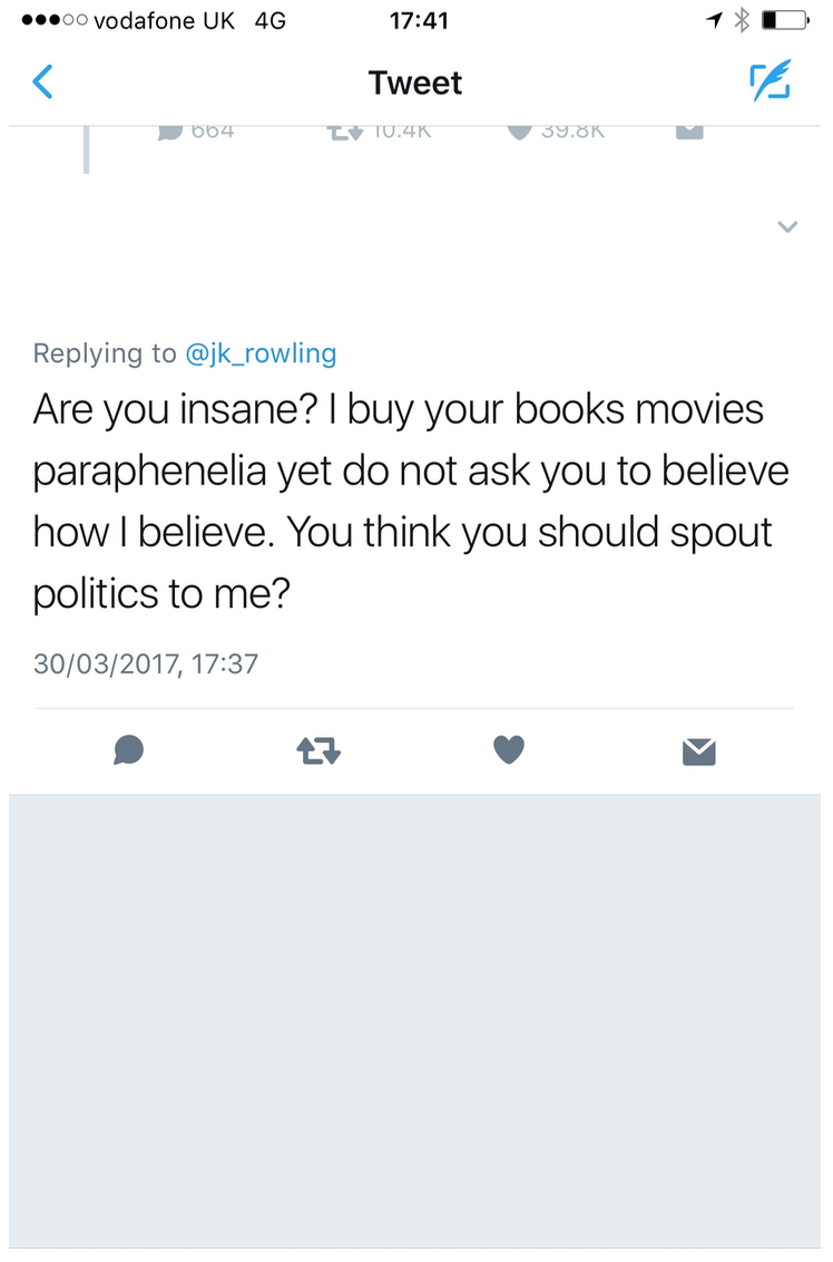 jk_rowling's tweet photo. Pick up any of my books or movies. See how it doesn’t say ‘free with this purchase: the right to dictate what the author can say’? That. https://t.co/8Gm1CpjsEa