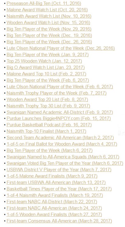 BoilerBall's tweet photo. List of all the honors won by #Purdue's Caleb Swanigan this year. 
A historic season for the ages. #Biggie4NPOY https://t.co/Oke3dMo7T1