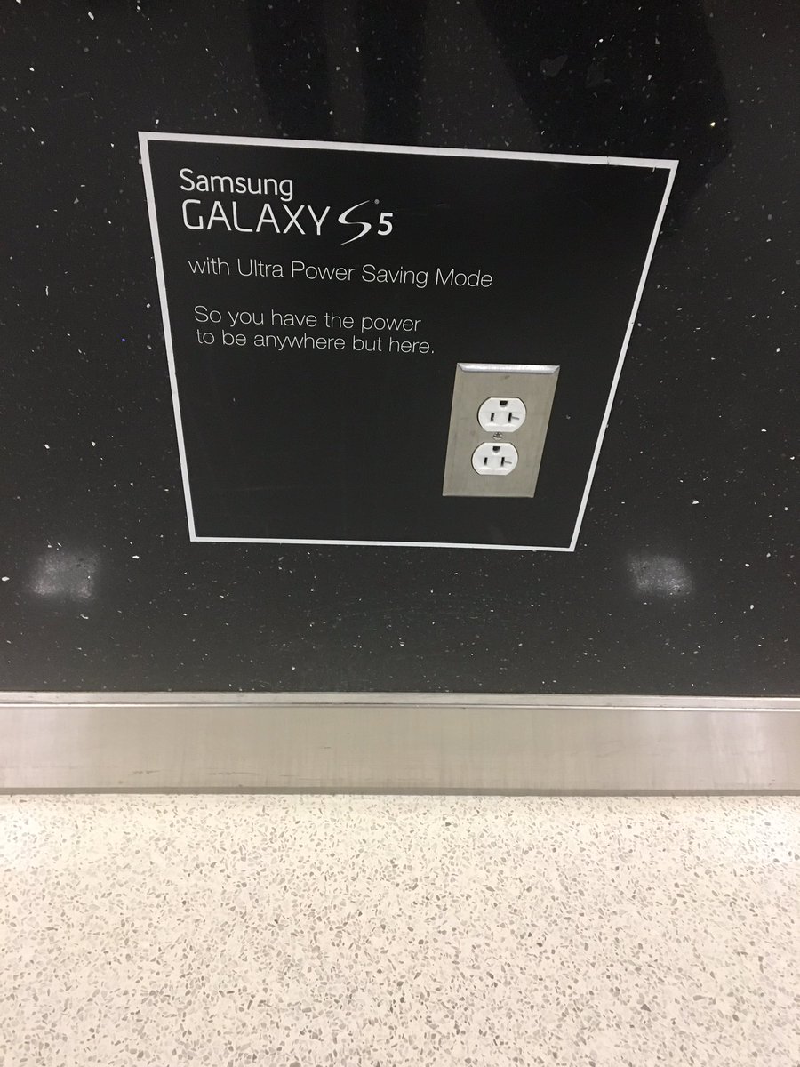 cmoorevision's tweet photo. Found this as I searched the airport for power after finding my backup battery was dead. Great marketing @SamsungMobile #reconsideringiphone https://t.co/dHnXOLSdWV
