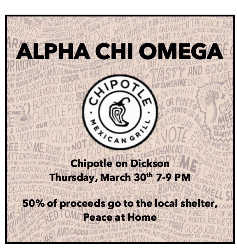 ArkansasAXO's tweet photo. #TacoTuesdayOnTHURSDAY💁🏼😎 Come support AXO &amp; Peace at Home shelter by eating at Chipotle tonight 😋💜🌮 https://t.co/oAceBSCM7D