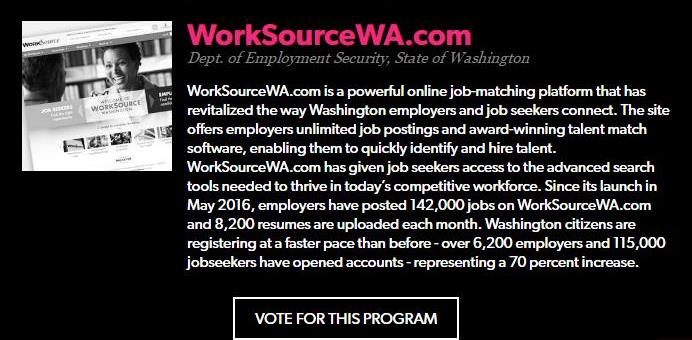 ApplyGovSol's tweet photo. #WorkSourceWA is in the running for the #StateScoop50 State #IT Innovation of the Year award! Please vote today: https://t.co/YpQlABPBkL https://t.co/fzoGETMBTB